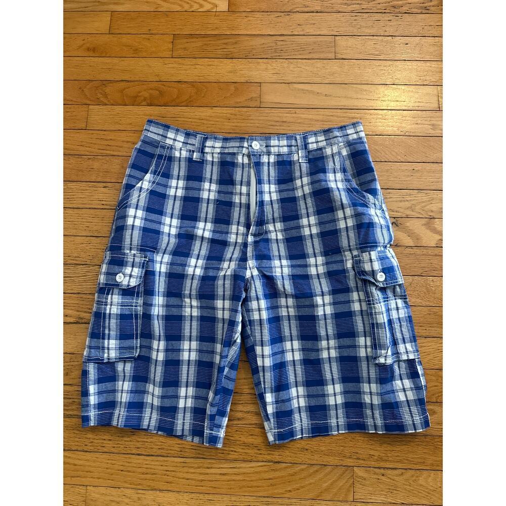 Airwalk Plaid Cargo Shorts Mens Size 36 Blue White Casual Summer Skate Y2K